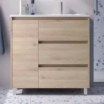 Ensemble COMPLET NOJA 90cm Ch&ecirc;ne naturel meuble 3 tiroirs 1 porte + vasque / plan &agrave; gauche + miroir + Led - SALGAR R&eacute;f. 118381