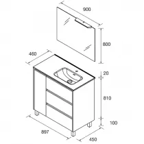 Ensemble COMPLET NOJA 90cm Ch&ecirc;ne naturel meuble 3 tiroirs 1 porte + vasque / plan &agrave; gauche + miroir + Led - SALGAR R&eacute;f. 118381
