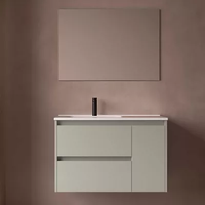 Ensemble COMPLET NOJA 90cm Gris satin� meuble 2 tiroirs 1 porte + vasque / plan � droite + miroir + Led - SALGAR R�f. 118354