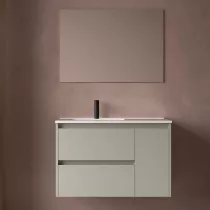 Ensemble COMPLET NOJA 90cm Gris satin&eacute; meuble 2 tiroirs 1 porte + vasque / plan &agrave; droite + miroir + Led - SALGAR R&eacute;f. 118354