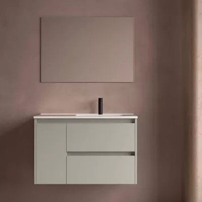 Ensemble COMPLET NOJA 90cm Gris satin� meuble 2 tiroirs 1 porte + vasque / plan � gauche + miroir + Led - SALGAR R�f. 118364