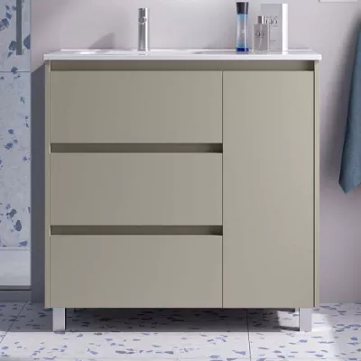 Ensemble COMPLET NOJA 90cm Gris satin� meuble 3 tiroirs 1 porte + vasque / plan � droite + miroir + Led - SALGAR R�f. 118374