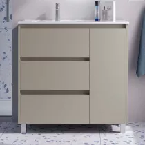 Ensemble COMPLET NOJA 90cm Gris satin&eacute; meuble 3 tiroirs 1 porte + vasque / plan &agrave; droite + miroir + Led - SALGAR R&eacute;f. 118374
