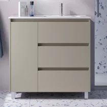 Ensemble COMPLET NOJA 90cm Gris satin&eacute; meuble 3 tiroirs 1 porte + vasque / plan &agrave; gauche + miroir + Led - SALGAR R&eacute;f. 118384