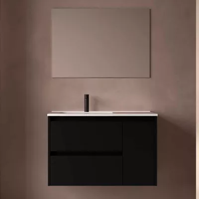 Ensemble COMPLET NOJA 90cm Noir satin� meuble 2 tiroirs 1 porte + vasque / plan � droite + miroir + Led - SALGAR R�f. 118347