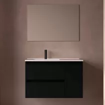 Ensemble COMPLET NOJA 90cm Noir satin&eacute; meuble 2 tiroirs 1 porte + vasque / plan &agrave; droite + miroir + Led - SALGAR R&eacute;f. 118347