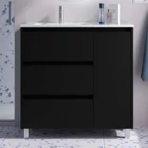 Ensemble COMPLET NOJA 90cm Noir satin&eacute; meuble 3 tiroirs 1 porte + vasque / plan &agrave; droite + miroir + Led - SALGAR R&eacute;f. 118367