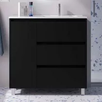 Ensemble COMPLET NOJA 90cm Noir satin&eacute; meuble 3 tiroirs 1 porte + vasque / plan &agrave; gauche + miroir + Led - SALGAR R&eacute;f. 118377