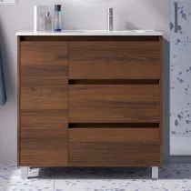 Ensemble COMPLET NOJA 90cm Noyer maya  meuble 3 tiroirs 1 porte + vasque / plan &agrave; gauche + miroir + Led - SALGAR R&eacute;f. 118383