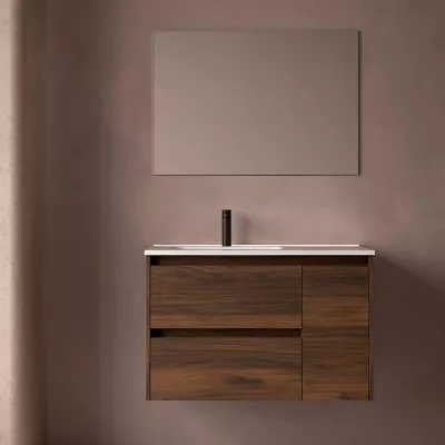 Ensemble COMPLET NOJA 90cm Noyer maya meuble 2 tiroirs 1 porte + vasque / plan � droite + miroir + Led - SALGAR R�f. 118353
