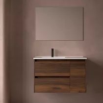 Ensemble COMPLET NOJA 90cm Noyer maya meuble 2 tiroirs 1 porte + vasque / plan &agrave; droite + miroir + Led - SALGAR R&eacute;f. 118353