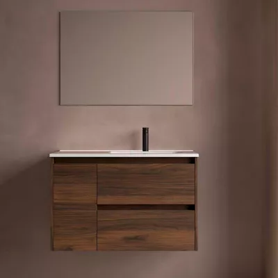 Ensemble COMPLET NOJA 90cm Noyer maya meuble 2 tiroirs 1 porte + vasque / plan � gauche  + miroir + Led - SALGAR R�f. 118363