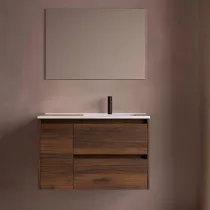 Ensemble COMPLET NOJA 90cm Noyer maya meuble 2 tiroirs 1 porte + vasque / plan &agrave; gauche  + miroir + Led - SALGAR R&eacute;f. 118363
