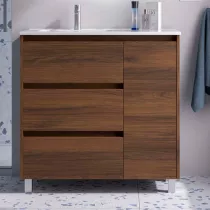 Ensemble COMPLET NOJA 90cm Noyer maya meuble 3 tiroirs 1 porte + vasque / plan &agrave; droite + miroir + Led - SALGAR R&eacute;f. 118373