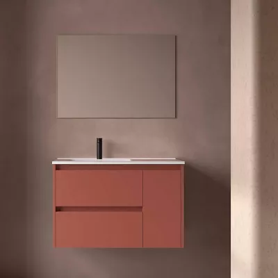 Ensemble COMPLET NOJA 90cm Rouge satin� meuble 2 tiroirs 1 porte + vasque / plan � droite + miroir + Led - SALGAR R�f. 118350