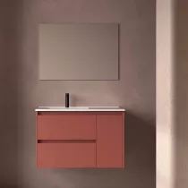 Ensemble COMPLET NOJA 90cm Rouge satin&eacute; meuble 2 tiroirs 1 porte + vasque / plan &agrave; droite + miroir + Led - SALGAR R&eacute;f. 118350