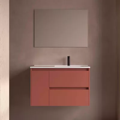 Ensemble COMPLET NOJA 90cm Rouge satin� meuble 2 tiroirs 1 porte + vasque / plan � gauche + miroir + Led - SALGAR R�f. 118360