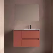 Ensemble COMPLET NOJA 90cm Rouge satin&eacute; meuble 2 tiroirs 1 porte + vasque / plan &agrave; gauche + miroir + Led - SALGAR R&eacute;f. 118360