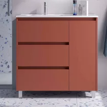 Ensemble COMPLET NOJA 90cm Rouge satin&eacute; meuble 3 tiroirs 1 porte + vasque / plan &agrave; droite + miroir + Led - SALGAR R&eacute;f. 118370
