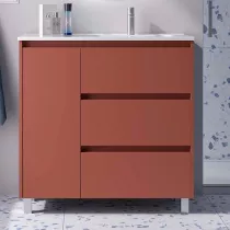 Ensemble COMPLET NOJA 90cm Rouge satin&eacute; meuble 3 tiroirs 1 porte + vasque / plan &agrave; gauche + miroir + Led - SALGAR R&eacute;f. 118380