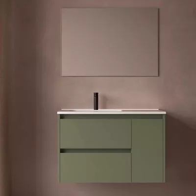 Ensemble COMPLET NOJA 90cm Vert satin� meuble 2 tiroirs 1 porte + vasque / plan � droite + miroir + Led - SALGAR R�f. 118349