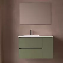 Ensemble COMPLET NOJA 90cm Vert satin&eacute; meuble 2 tiroirs 1 porte + vasque / plan &agrave; droite + miroir + Led - SALGAR R&eacute;f. 118349
