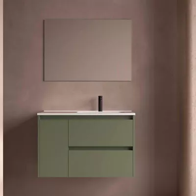 Ensemble COMPLET NOJA 90cm Vert satin� meuble 2 tiroirs 1 porte + vasque / plan � gauche + miroir + Led - SALGAR R�f. 118359