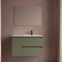 Ensemble COMPLET NOJA 90cm Vert satin&eacute; meuble 2 tiroirs 1 porte + vasque / plan &agrave; gauche + miroir + Led - SALGAR R&eacute;f. 118359