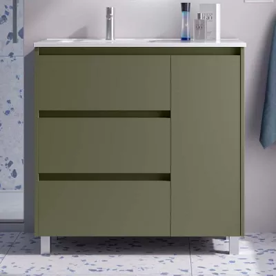 Ensemble COMPLET NOJA 90cm Vert satin� meuble 3 tiroirs 1 porte + vasque / plan � droite + miroir + Led - SALGAR R�f. 118369