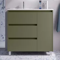 Ensemble COMPLET NOJA 90cm Vert satin&eacute; meuble 3 tiroirs 1 porte + vasque / plan &agrave; droite + miroir + Led - SALGAR R&eacute;f. 118369