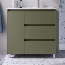 Ensemble COMPLET NOJA 90cm Vert satin&eacute; meuble 3 tiroirs 1 porte + vasque / plan &agrave; gauche + miroir + Led - SALGAR R&eacute;f. 118379