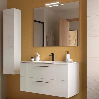 Ensemble COMPLET SILANE 101cm Blanc satin� meuble 2 tiroirs + vasque + miroir (poign�es en option) - SALGAR R�f. 118033