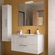 Ensemble COMPLET SILANE 101cm Blanc satin&eacute; meuble 2 tiroirs + vasque + miroir (poign&eacute;es en option) - SALGAR R&eacute;f. 118033