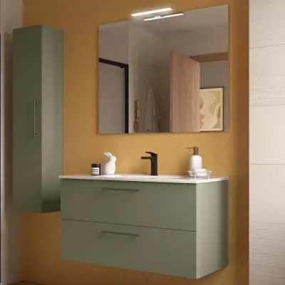 Ensemble COMPLET SILANE 101cm Vert satin� meuble 2 tiroirs + vasque + miroir (poign�es en option)  - SALGAR R�f. 118034
