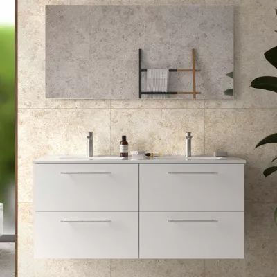 Ensemble COMPLET SILANE 121cm Blanc brillant meuble 4 tiroirs + vasque + miroir (poign�es en option) - SALGAR R�f. 118038