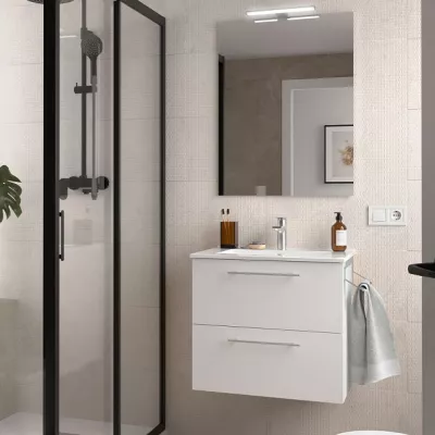 Ensemble COMPLET SILANE 61cm Blanc satin� meuble 2 tiroirs + vasque + miroir (poign�es en option) - SALGAR R�f. 118023
