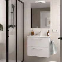 Ensemble COMPLET SILANE 61cm Blanc satin&eacute; meuble 2 tiroirs + vasque + miroir (poign&eacute;es en option) - SALGAR R&eacute;f. 118023