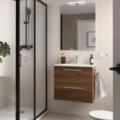 Ensemble COMPLET SILANE 61cm Noyer maya meuble 2 tiroirs + vasque + miroir (poign�es en option) - SALGAR R�f. 118026