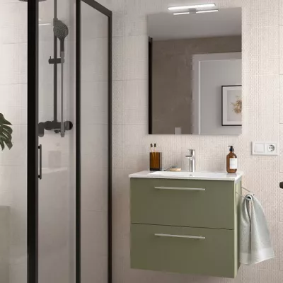 Ensemble COMPLET SILANE 61cm Vert satin� meuble 2 tiroirs + vasque + miroir (poign�es en option) - SALGAR R�f. 118024