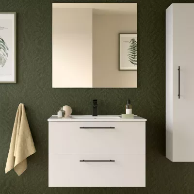 Ensemble COMPLET SILANE 81cm Blanc satin� meuble 2 tiroirs + vasque + miroir (poign�es en option) - SALGAR R�f. 118028