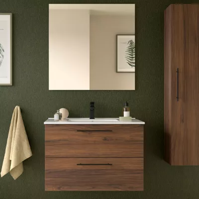 Ensemble COMPLET SILANE 81cm Noyer maya meuble 2 tiroirs + vasque + miroir (poign�es en option) - SALGAR R�f. 118031