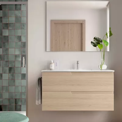 Ensemble COMPLET VIMA 101cm Ch�ne Sienna meuble 2 tiroirs + vasque + miroir  - SALGAR R�f. 117958