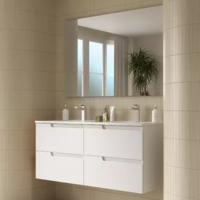 Ensemble COMPLET VIMA 121cm Blanc satin� meuble 4 tiroirs + vasque + miroir - SALGAR R�f. 111784