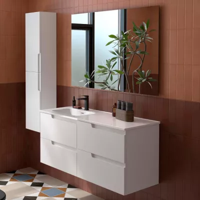 Ensemble COMPLET VIMA 121cm Blanc satin� meuble 4 tiroirs + vasque avec plan � droite + miroir- SALGAR R�f. 118671
