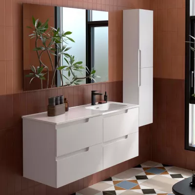 Ensemble COMPLET VIMA 121cm Blanc satin� meuble 4 tiroirs + vasque avec plan � gauche + miroir  - SALGAR R�f. 118675