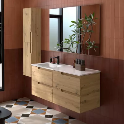 Ensemble COMPLET VIMA 121cm Ch�ne Montana meuble 4 tiroirs + vasque avec plan � droite + miroir - SALGAR R�f. 118674