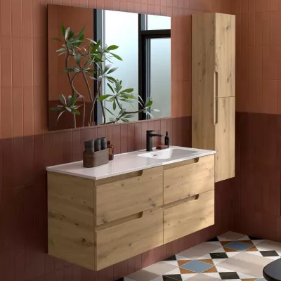 Ensemble COMPLET VIMA 121cm Ch�ne montana meuble 4 tiroirs + vasque avec plan � gauche + miroir - SALGAR R�f. 118678