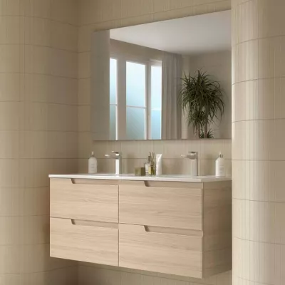 Ensemble COMPLET VIMA 121cm Ch�ne Sienna meuble 4 tiroirs + vasque + miroir - SALGAR R�f. 117959