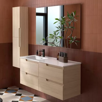 Ensemble COMPLET VIMA 121cm Ch�ne Sienna meuble 4 tiroirs + vasque avec plan � droite + miroir - SALGAR R�f. 118673