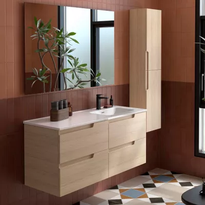 Ensemble COMPLET VIMA 121cm Ch�ne Sienna meuble 4 tiroirs + vasque avec plan � gauche + miroir - SALGAR R�f. 118677